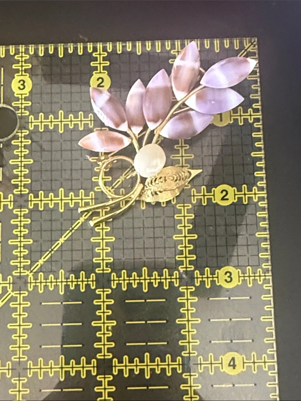 Gold Leaf Brooch with Purple Shell Accents and Faux Pearl Center